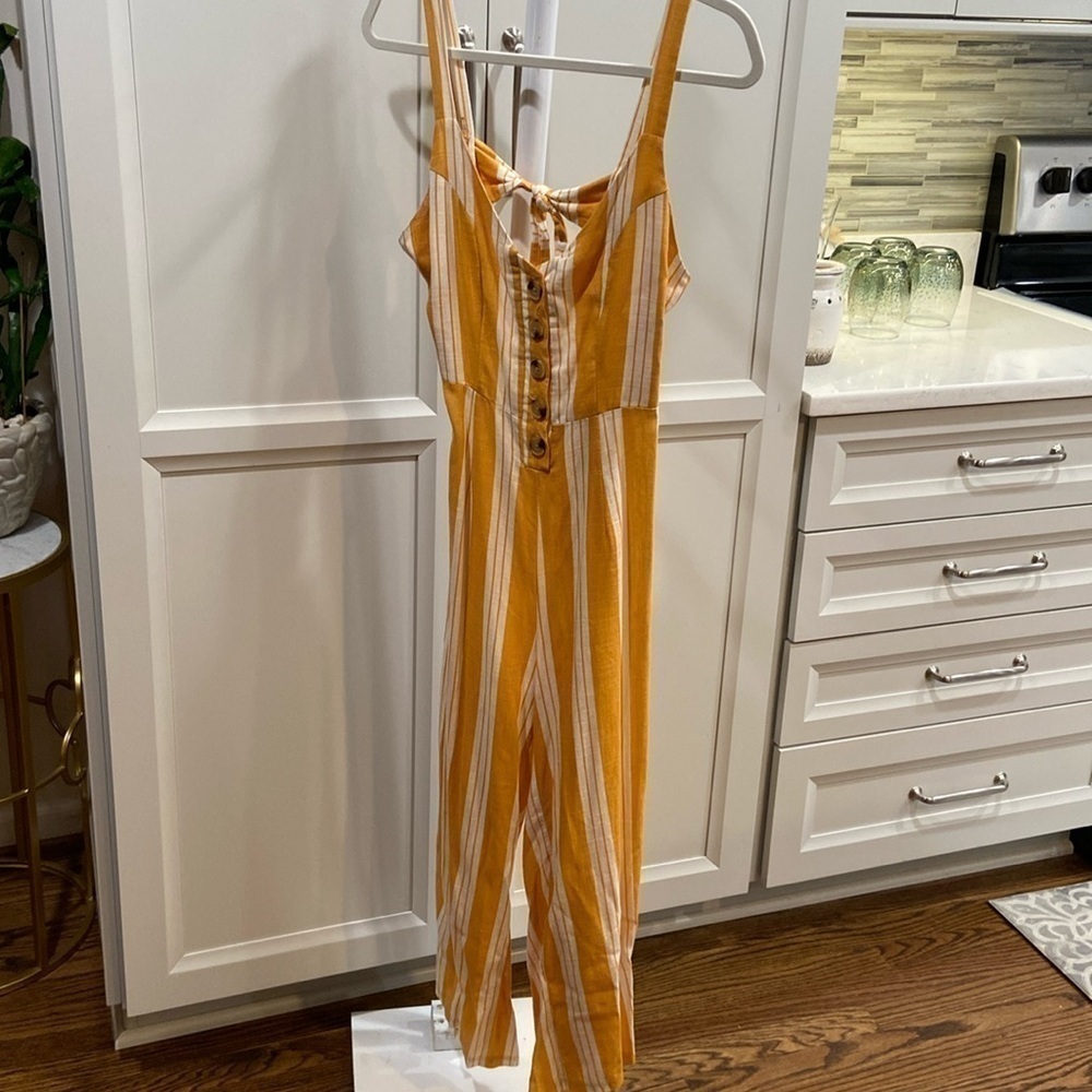 Kendall & Kylie V-neck Button Open Back Wide Leg Jumpsuit Women MED Yellow/White